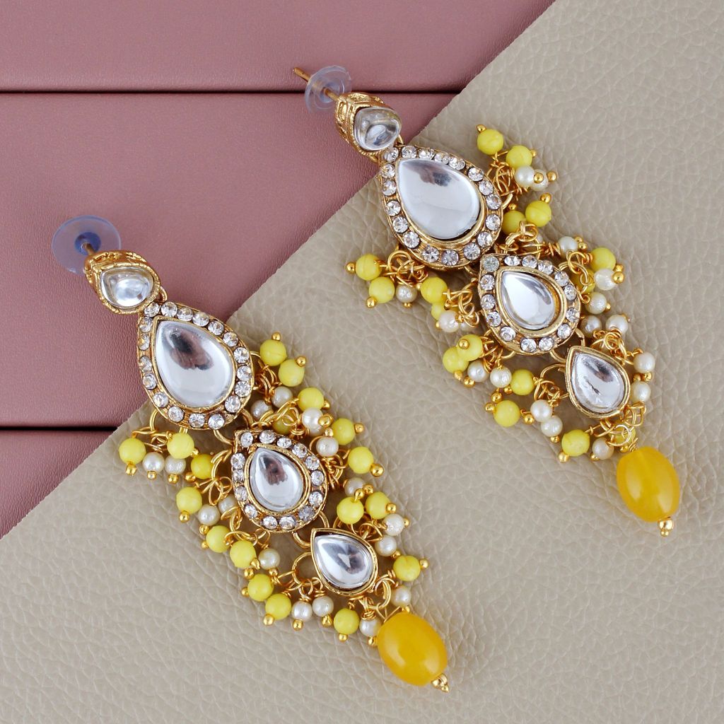 Lucky Jewellery Gold Plated White Yellow Color Tika Earring Necklace Combo Kundan Jewellery Set (726-MSK-3-LINE-Y)