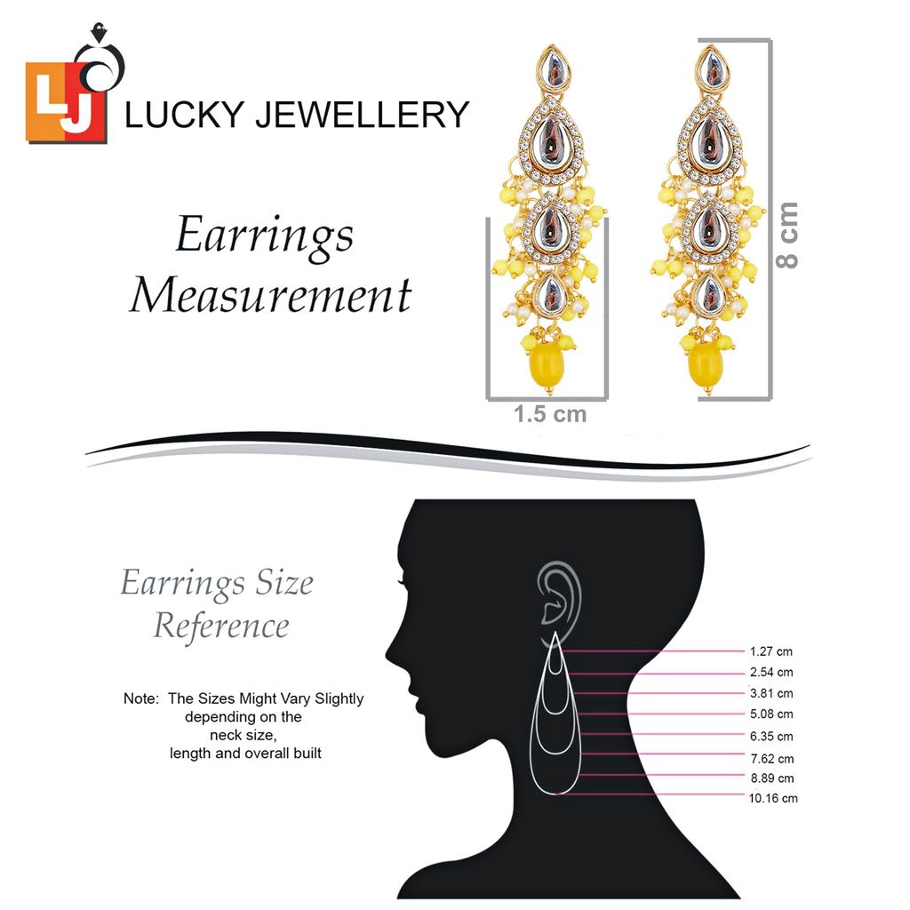 Lucky Jewellery Gold Plated White Yellow Color Tika Earring Necklace Combo Kundan Jewellery Set (726-MSK-3-LINE-Y)