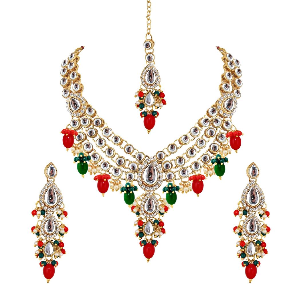 Lucky Jewellery Gold Plated Multi Color Tika Earring Necklace Combo Kundan Jewellery Set (726-MSK-3-LINE-RED-G)