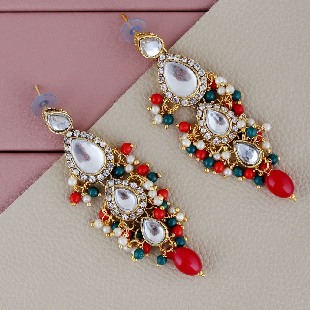 Lucky Jewellery Gold Plated Multi Color Tika Earring Necklace Combo Kundan Jewellery Set (726-MSK-3-LINE-RED-G)