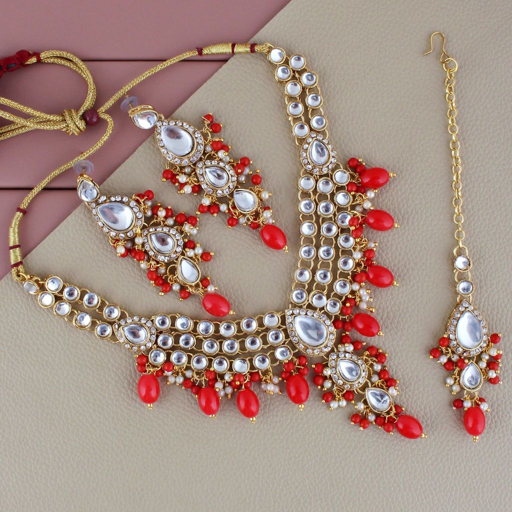 Lucky Jewellery Gold Plated White Red Color Tika Earring Necklace Combo Kundan Jewellery Set (726-MSK-3-LINE-RED) - Jewellery Sets | Buy online on ZillyBuy