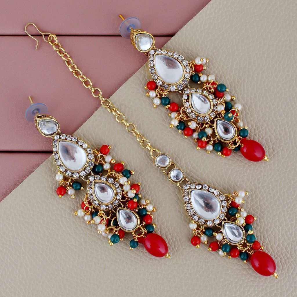 Lucky Jewellery Gold Plated Multi Color Tika Earring Necklace Combo Kundan Jewellery Set (726-MSK-3-LINE-RED-G)