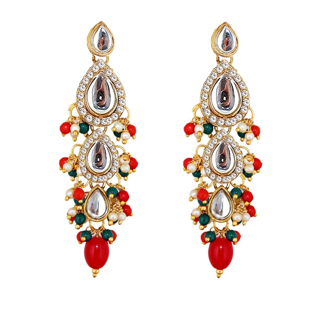 Lucky Jewellery Gold Plated Multi Color Tika Earring Necklace Combo Kundan Jewellery Set (726-MSK-3-LINE-RED-G)