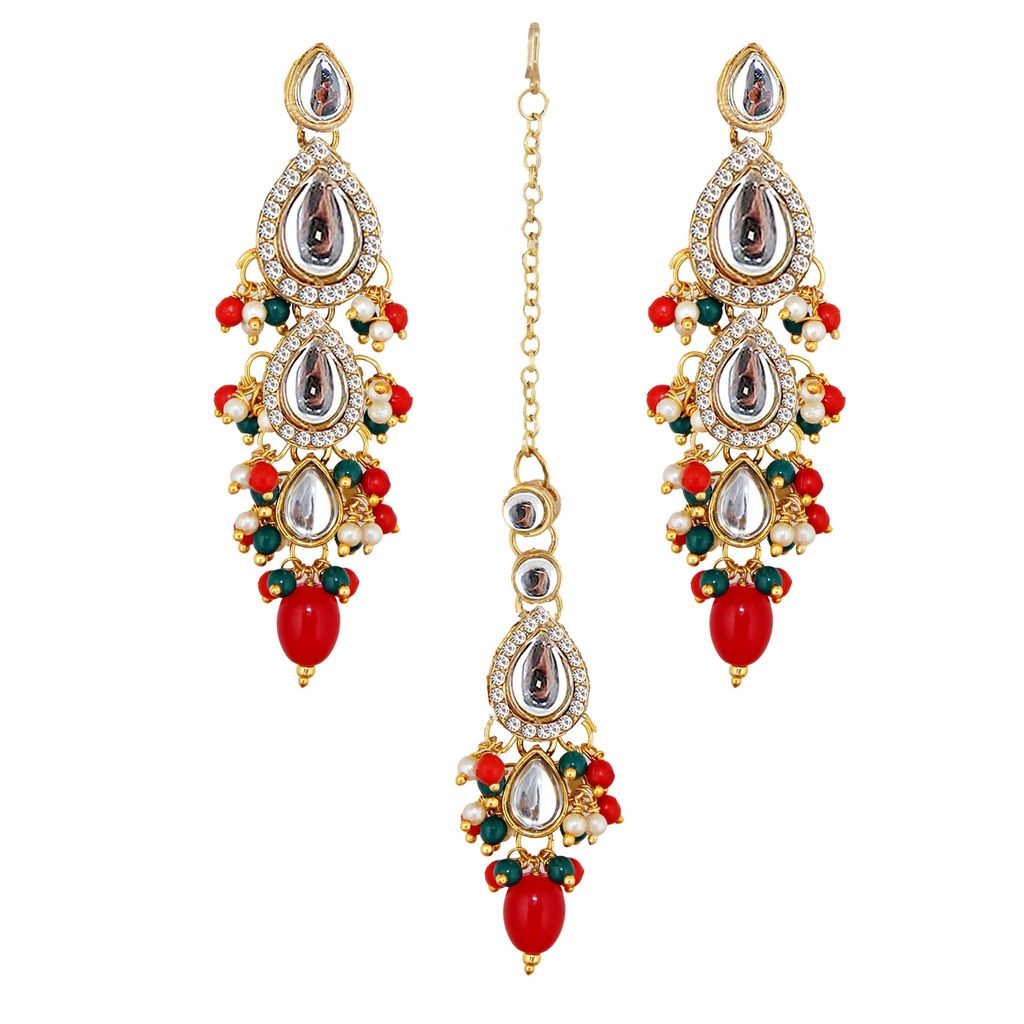 Lucky Jewellery Gold Plated Multi Color Tika Earring Necklace Combo Kundan Jewellery Set (726-MSK-3-LINE-RED-G)