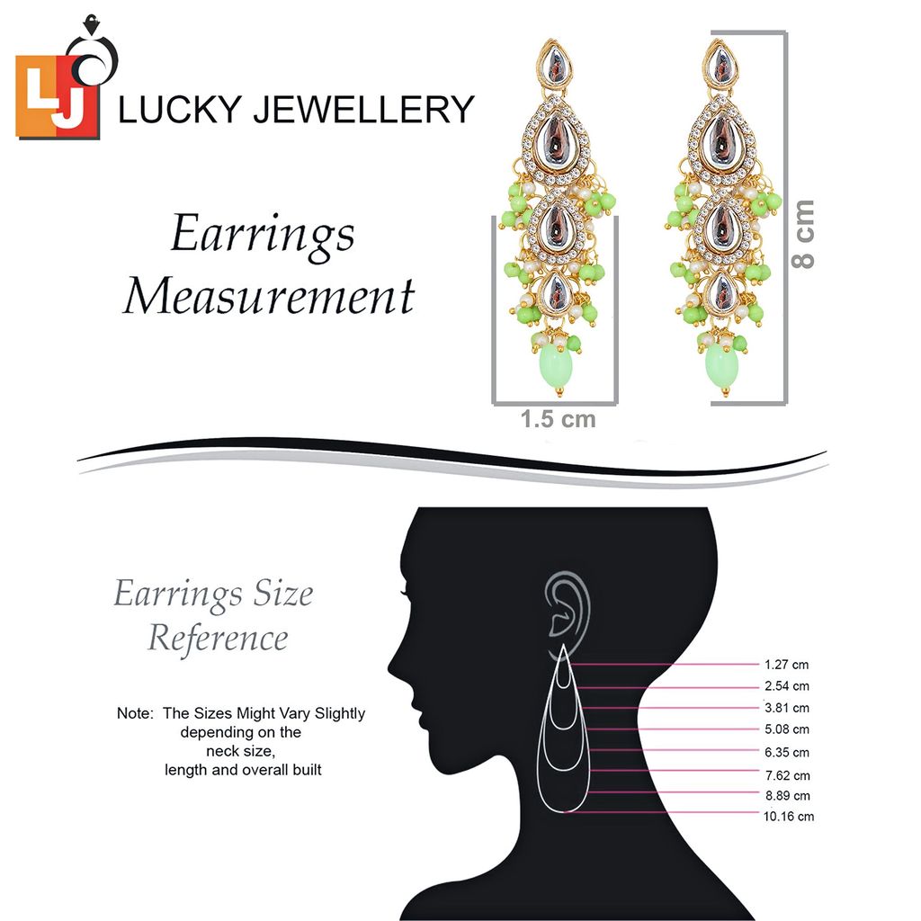 Lucky Jewellery Gold Plated White Green Color Tika Earring Necklace Combo Kundan Jewellery Set (726-MSK-3-LINE-PRT)