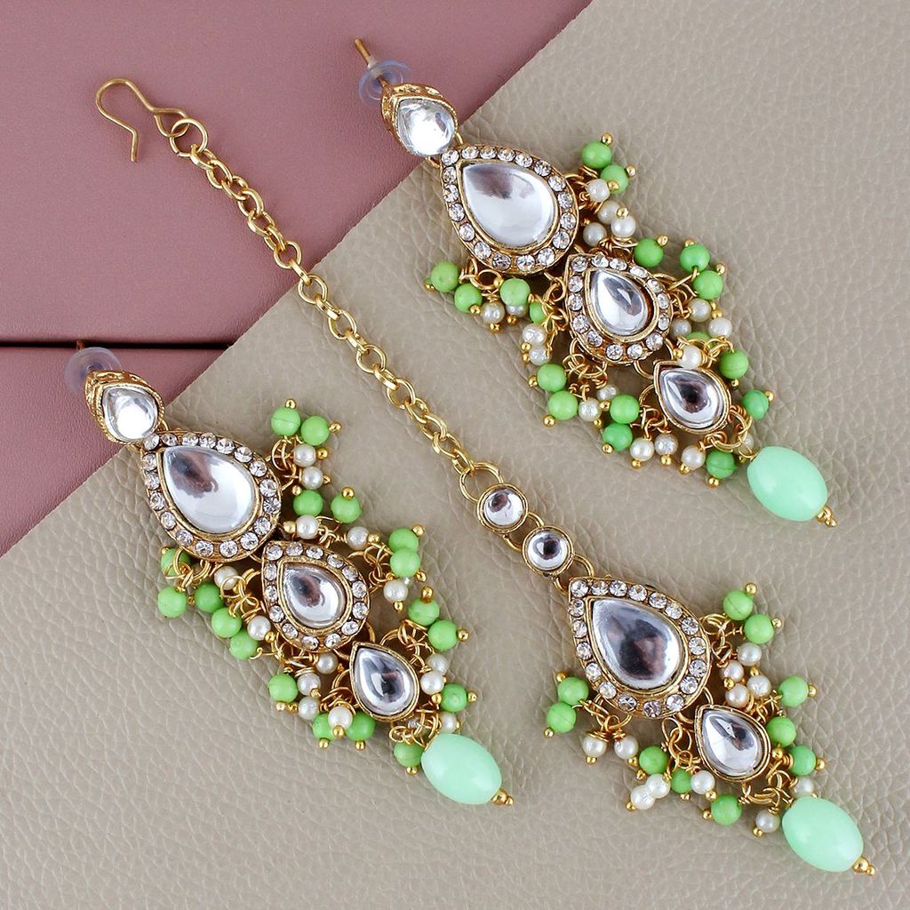 Lucky Jewellery Gold Plated White Green Color Tika Earring Necklace Combo Kundan Jewellery Set (726-MSK-3-LINE-PRT)