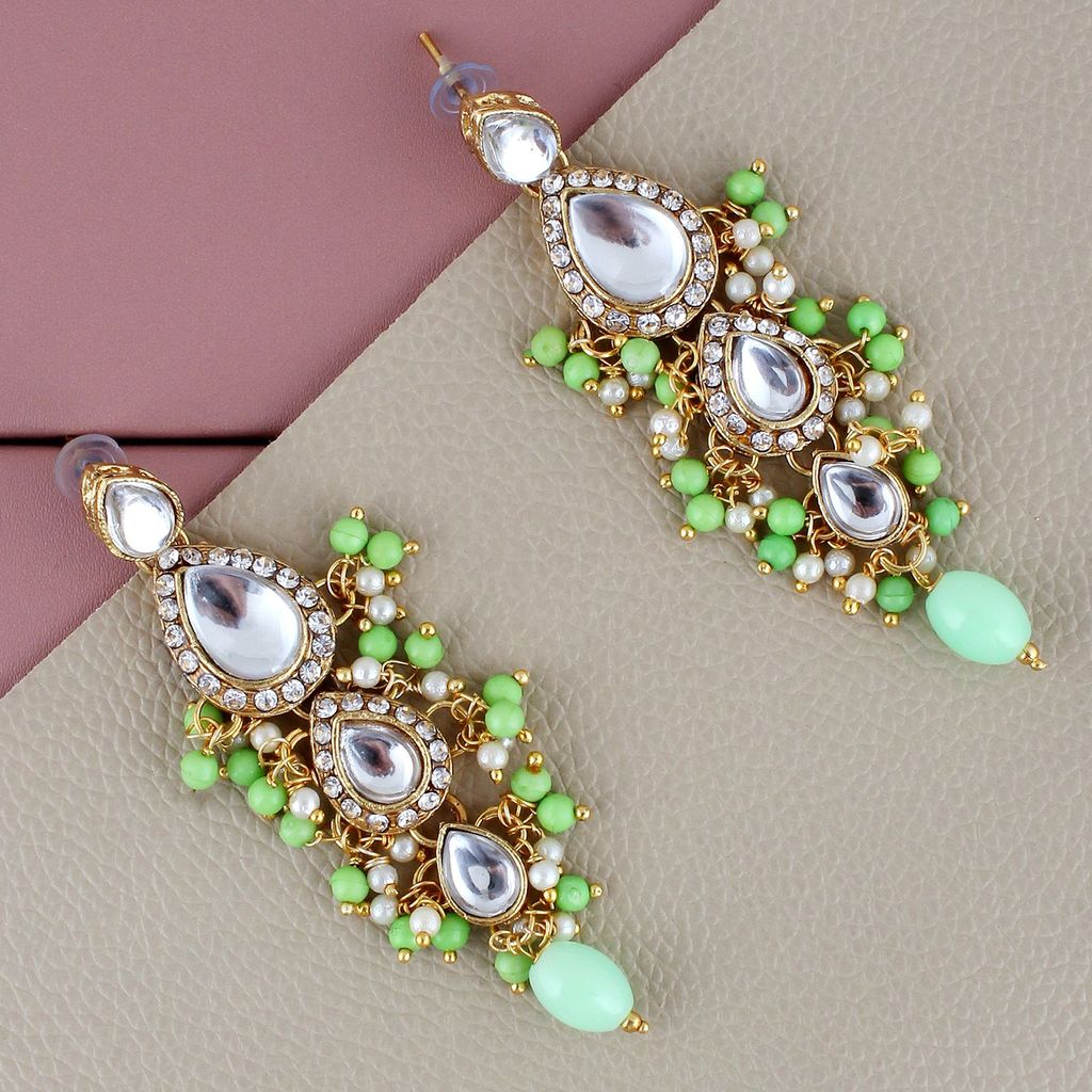 Lucky Jewellery Gold Plated White Green Color Tika Earring Necklace Combo Kundan Jewellery Set (726-MSK-3-LINE-PRT)