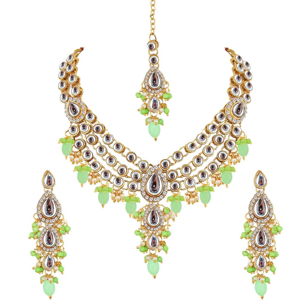 Lucky Jewellery Gold Plated White Green Color Tika Earring Necklace Combo Kundan Jewellery Set (726-MSK-3-LINE-PRT)