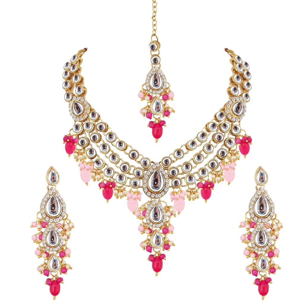 Lucky Jewellery Gold Plated Multi Color Tika Earring Necklace Combo Kundan Jewellery Set (726-MSK-3-LINE-PKR)