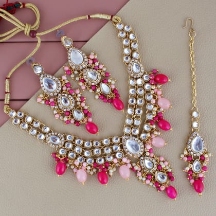 Lucky Jewellery Gold Plated Multi Color Tika Earring Necklace Combo Kundan Jewellery Set (726-MSK-3-LINE-PKR)