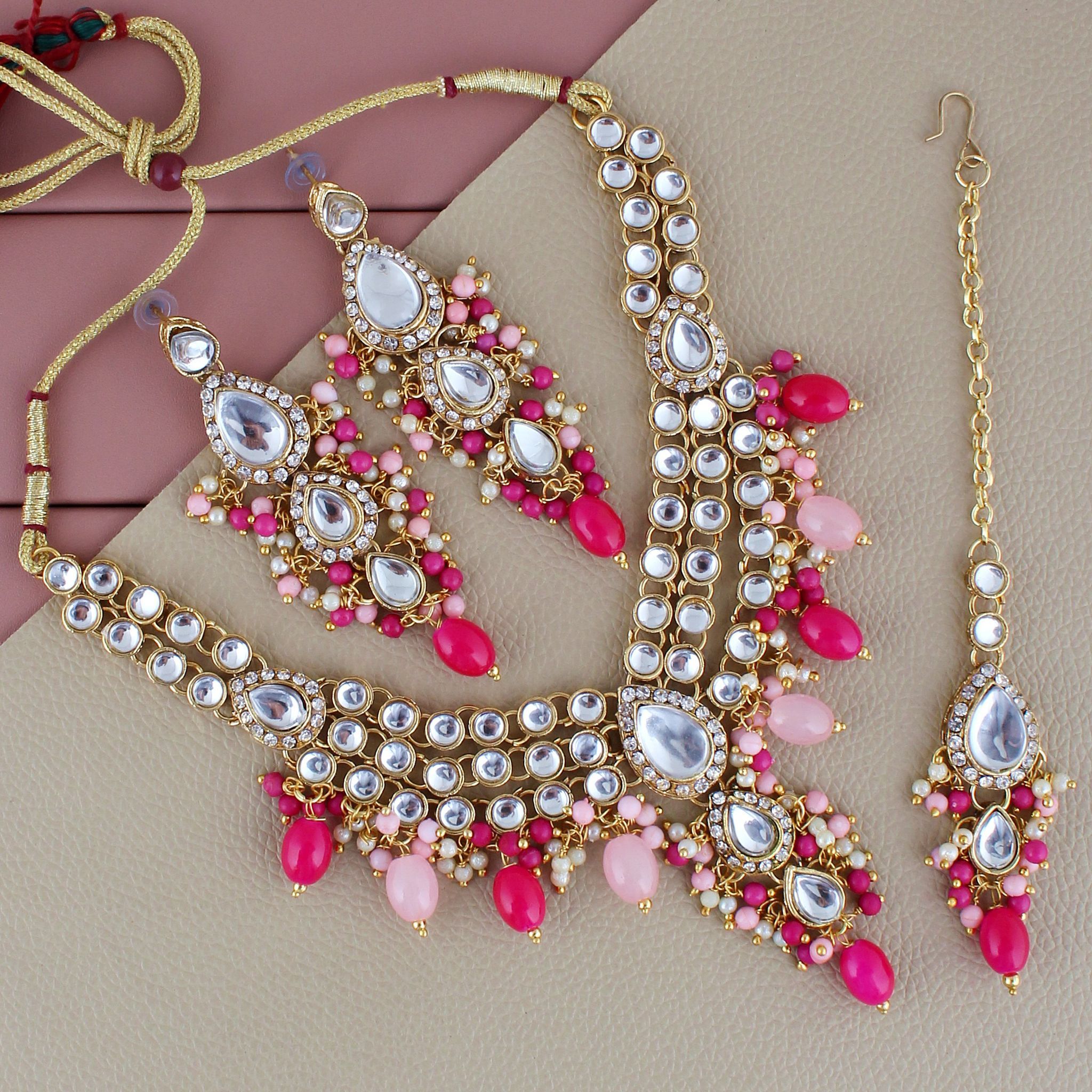 Lucky Jewellery Gold Plated Multi Color Tika Earring Necklace Combo Kundan Jewellery Set (726-MSK-3-LINE-PKR)