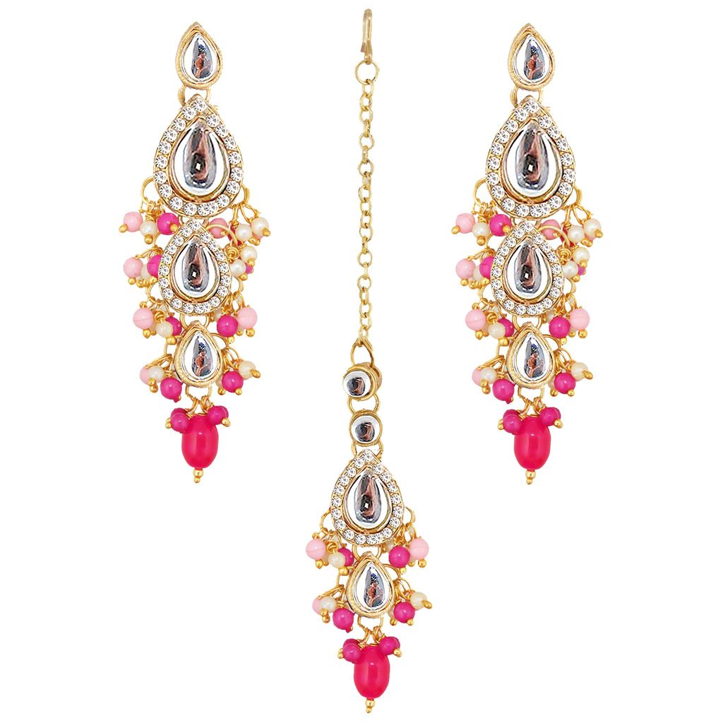 Lucky Jewellery Gold Plated Multi Color Tika Earring Necklace Combo Kundan Jewellery Set (726-MSK-3-LINE-PKR)