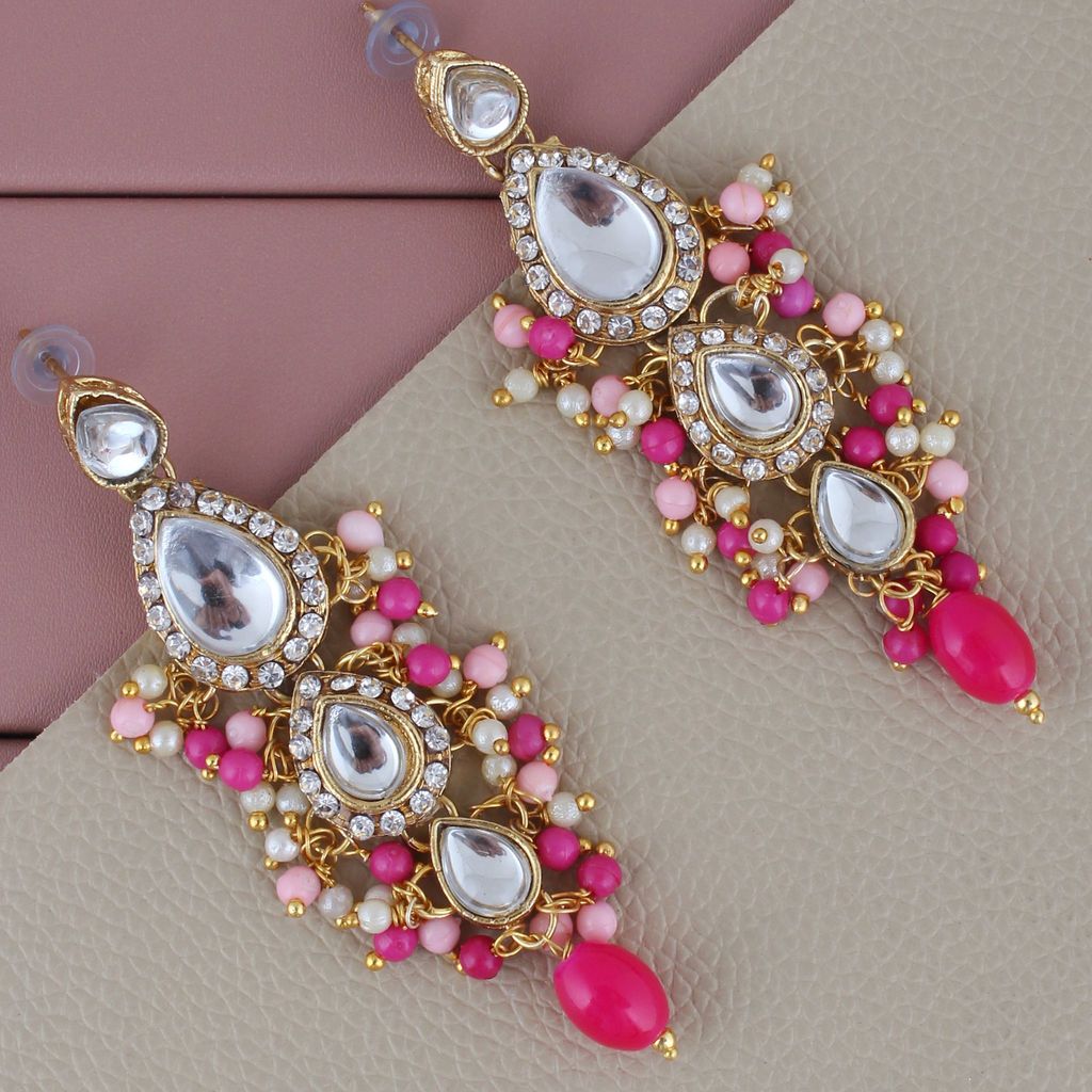 Lucky Jewellery Gold Plated Multi Color Tika Earring Necklace Combo Kundan Jewellery Set (726-MSK-3-LINE-PKR)