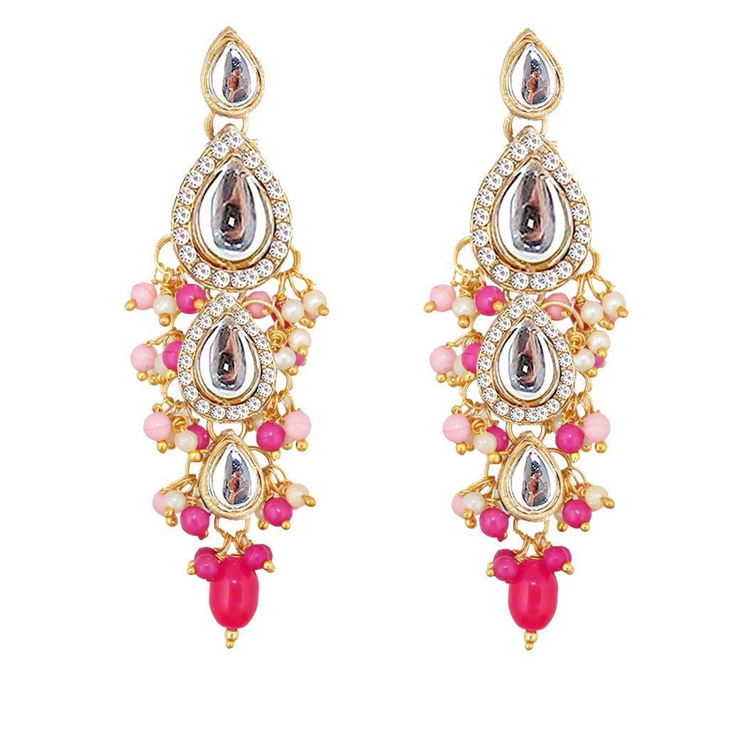 Lucky Jewellery Gold Plated Multi Color Tika Earring Necklace Combo Kundan Jewellery Set (726-MSK-3-LINE-PKR)