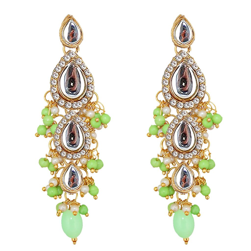 Lucky Jewellery Gold Plated White Green Color Tika Earring Necklace Combo Kundan Jewellery Set (726-MSK-3-LINE-PRT)
