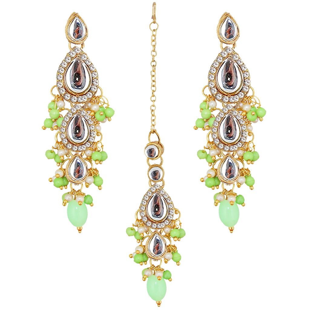 Lucky Jewellery Gold Plated White Green Color Tika Earring Necklace Combo Kundan Jewellery Set (726-MSK-3-LINE-PRT)
