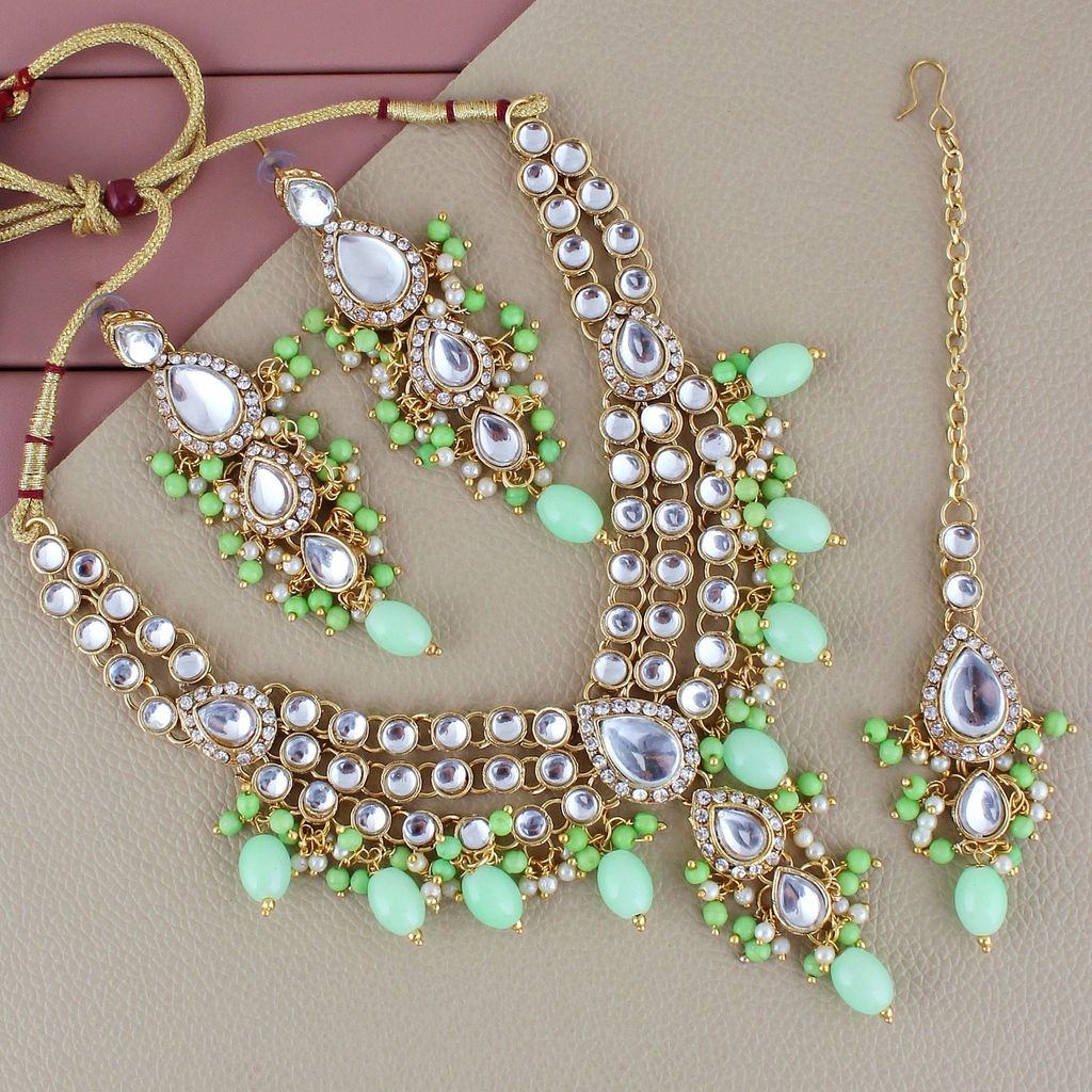 Lucky Jewellery Gold Plated White Green Color Tika Earring Necklace Combo Kundan Jewellery Set (726-MSK-3-LINE-PRT)