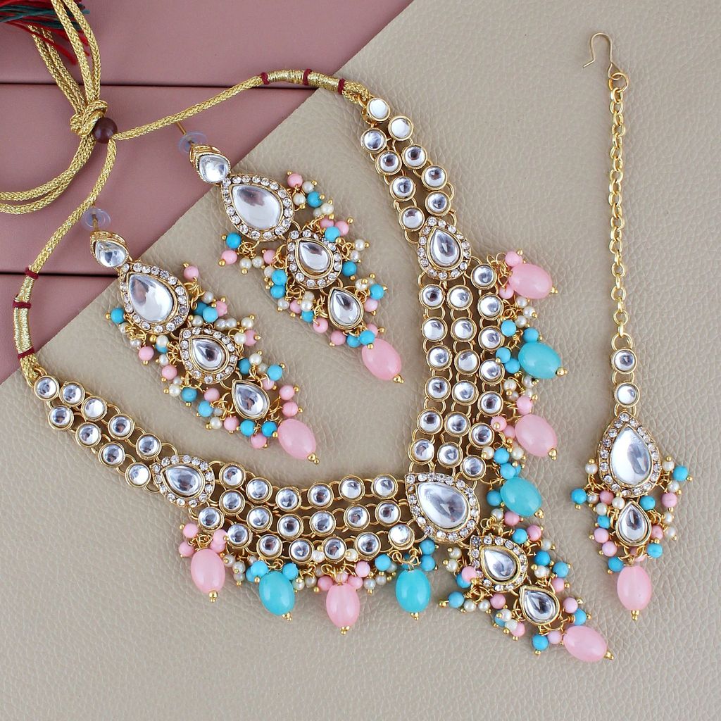 Lucky Jewellery Gold Plated Multi Color Tika Earring Necklace Combo Kundan Jewellery Set (726-MSK-3-LINE-PKF) - Jewellery Sets | Buy online on ZillyBuy