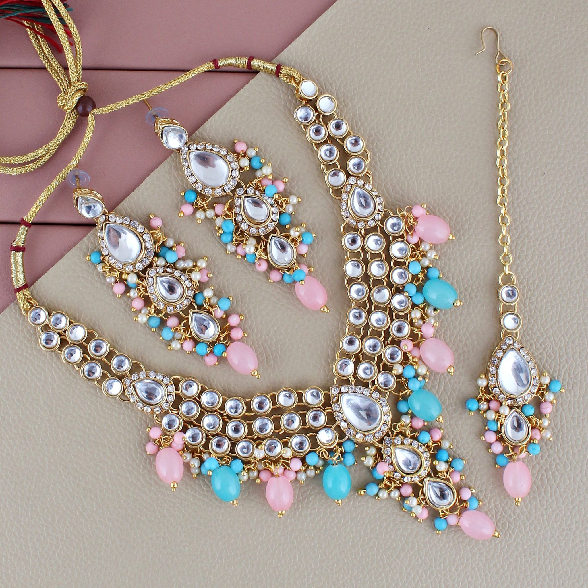 Lucky Jewellery Gold Plated Multi Color Tika Earring Necklace Combo Kundan Jewellery Set (726-MSK-3-LINE-PKF)
