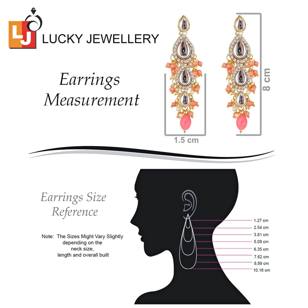 Lucky Jewellery Gold Plated White Peach Color Tika Earring Necklace Combo Kundan Jewellery Set (726-MSK-3-LINE-PH)