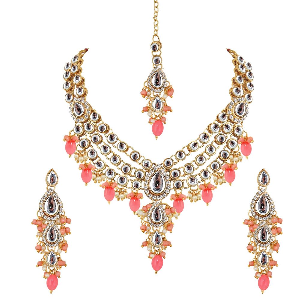 Lucky Jewellery Gold Plated White Peach Color Tika Earring Necklace Combo Kundan Jewellery Set (726-MSK-3-LINE-PH)