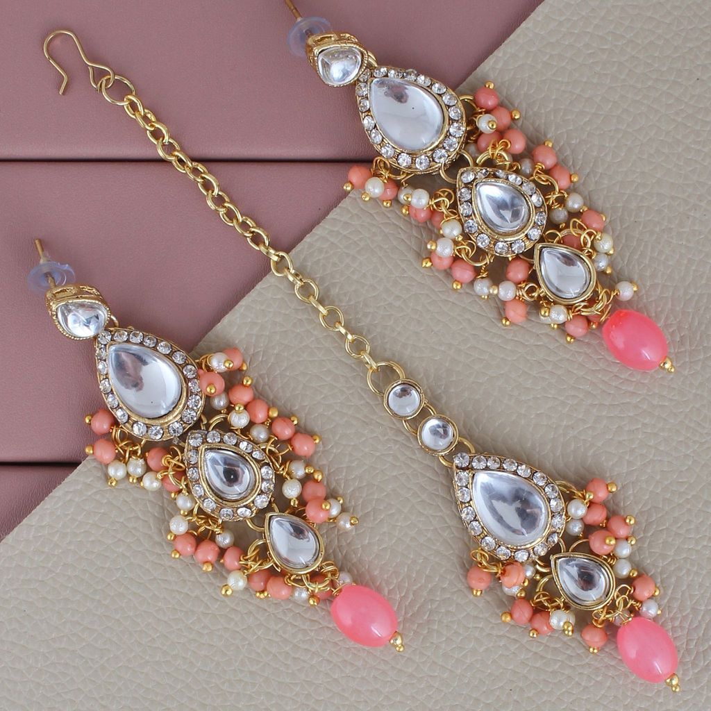 Lucky Jewellery Gold Plated White Peach Color Tika Earring Necklace Combo Kundan Jewellery Set (726-MSK-3-LINE-PH)