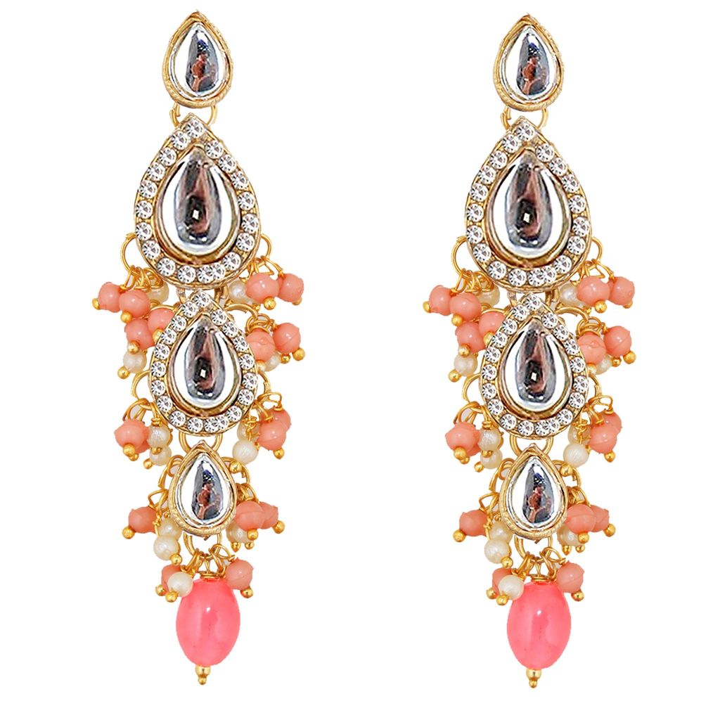 Lucky Jewellery Gold Plated White Peach Color Tika Earring Necklace Combo Kundan Jewellery Set (726-MSK-3-LINE-PH)