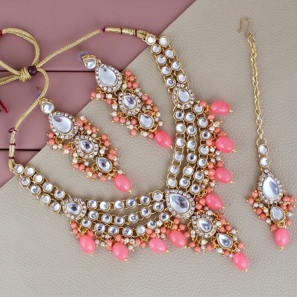 Lucky Jewellery Gold Plated White Peach Color Tika Earring Necklace Combo Kundan Jewellery Set (726-MSK-3-LINE-PH)