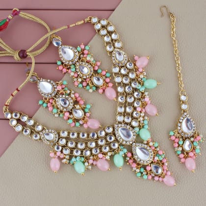 Lucky Jewellery Gold Plated Multi Color Tika Earring Necklace Combo Kundan Jewellery Set (726-MSK-3-LINE-PKMNT)
