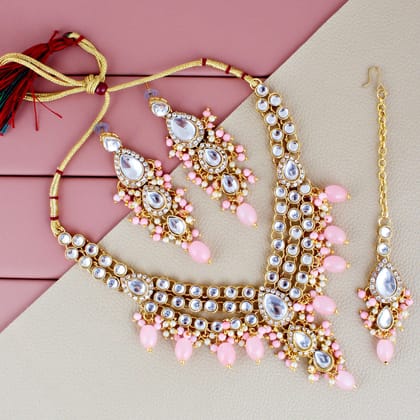 Lucky Jewellery Gold Plated White Pink Color Tika Earring Necklace Combo Kundan Jewellery Set (726-MSK-3-LINE-PK)