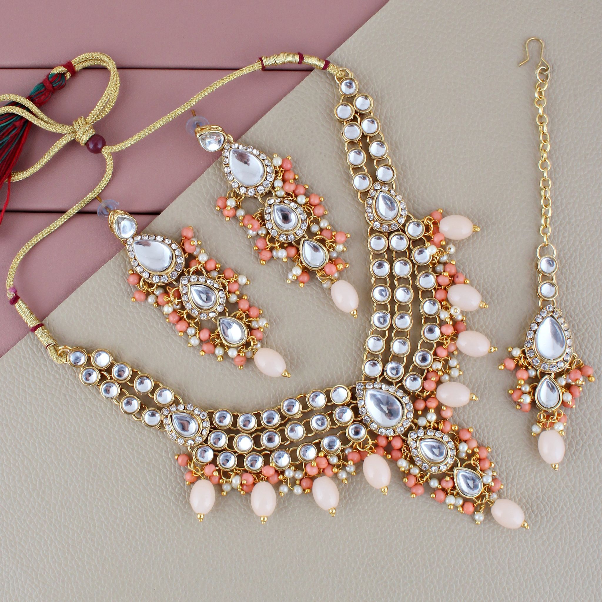 Lucky Jewellery Gold Plated White Light Peach Color Tika Earring Necklace Combo Kundan Jewellery Set (726-MSK-3-LINE-LPH)