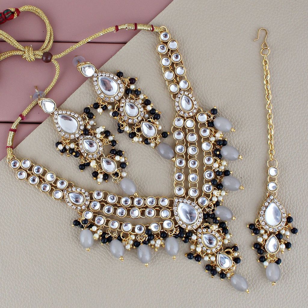 Lucky Jewellery Gold Plated White Grey Color Tika Earring Necklace Combo Kundan Jewellery Set (726-MSK-3-LINE-GR) - Jewellery Sets | Buy online on ZillyBuy