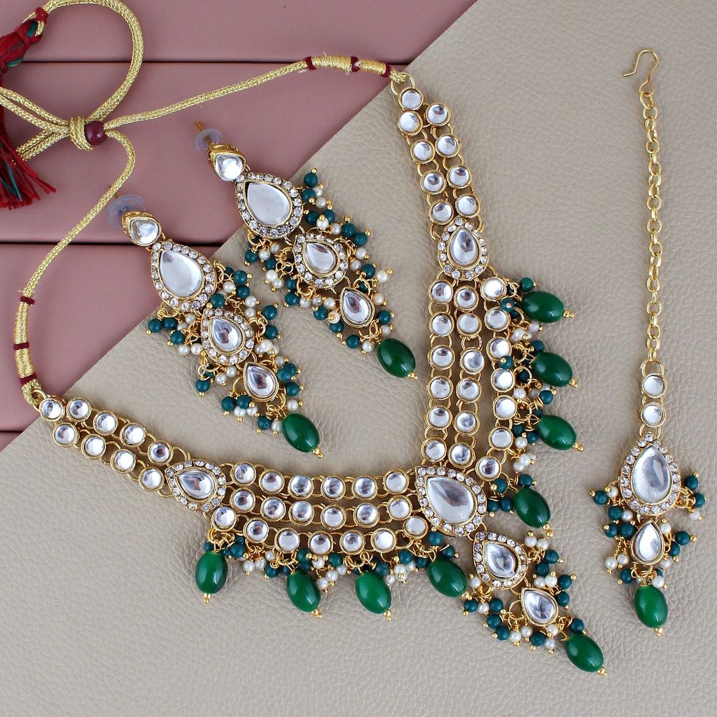 Lucky Jewellery Gold Plated White Green Color Tika Earring Necklace Combo Kundan Jewellery Set (726-MSK-3-LINE-G) - Jewellery Sets | Buy online on ZillyBuy