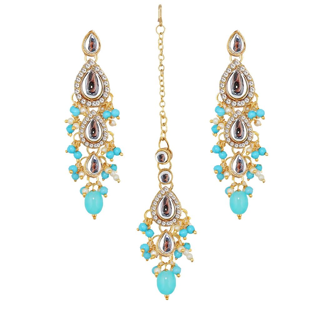Lucky Jewellery Gold Plated White Firozi Color Tika Earring Necklace Combo Kundan Jewellery Set (726-MSK-3-LINE-F)