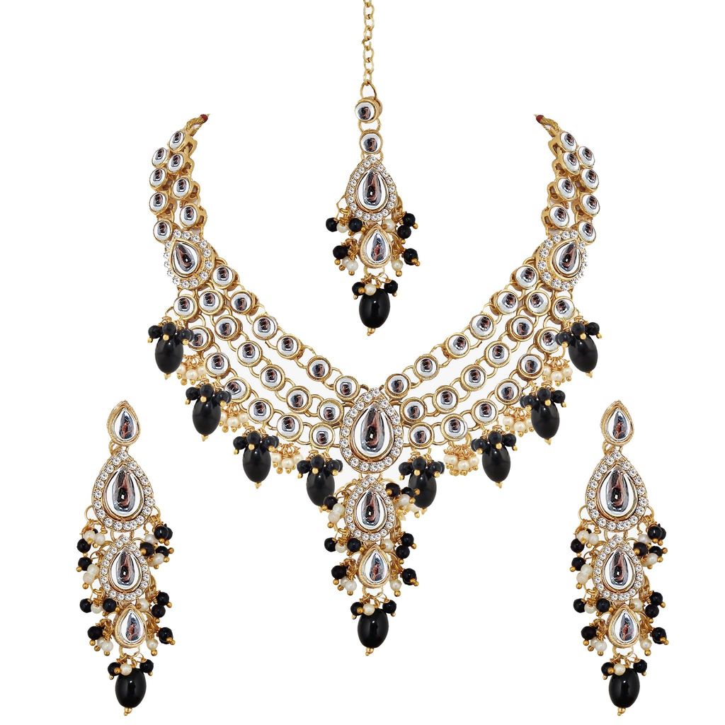 Lucky Jewellery Gold Plated White Black Color Tika Earring Necklace Combo Kundan Jewellery Set (726-MSK-3-LINE-BL)