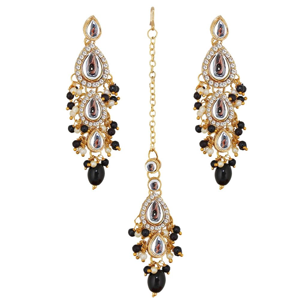Lucky Jewellery Gold Plated White Black Color Tika Earring Necklace Combo Kundan Jewellery Set (726-MSK-3-LINE-BL)