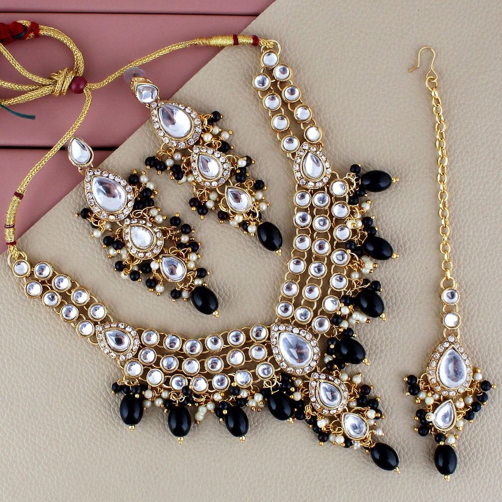 Lucky Jewellery Gold Plated White Black Color Tika Earring Necklace Combo Kundan Jewellery Set (726-MSK-3-LINE-BL)