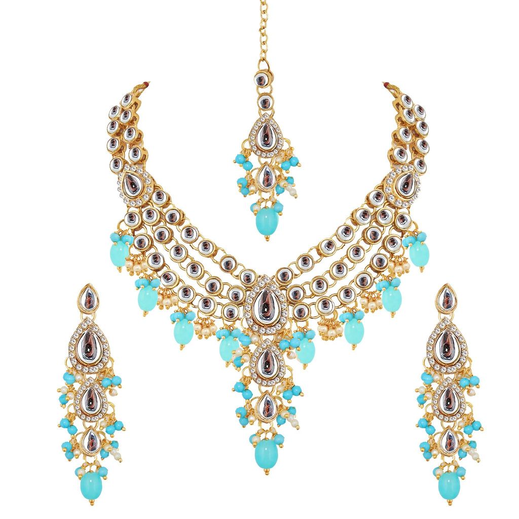 Lucky Jewellery Gold Plated White Firozi Color Tika Earring Necklace Combo Kundan Jewellery Set (726-MSK-3-LINE-F)