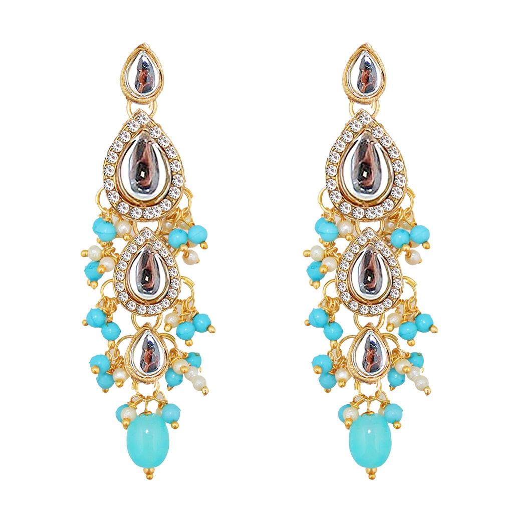 Lucky Jewellery Gold Plated White Firozi Color Tika Earring Necklace Combo Kundan Jewellery Set (726-MSK-3-LINE-F)