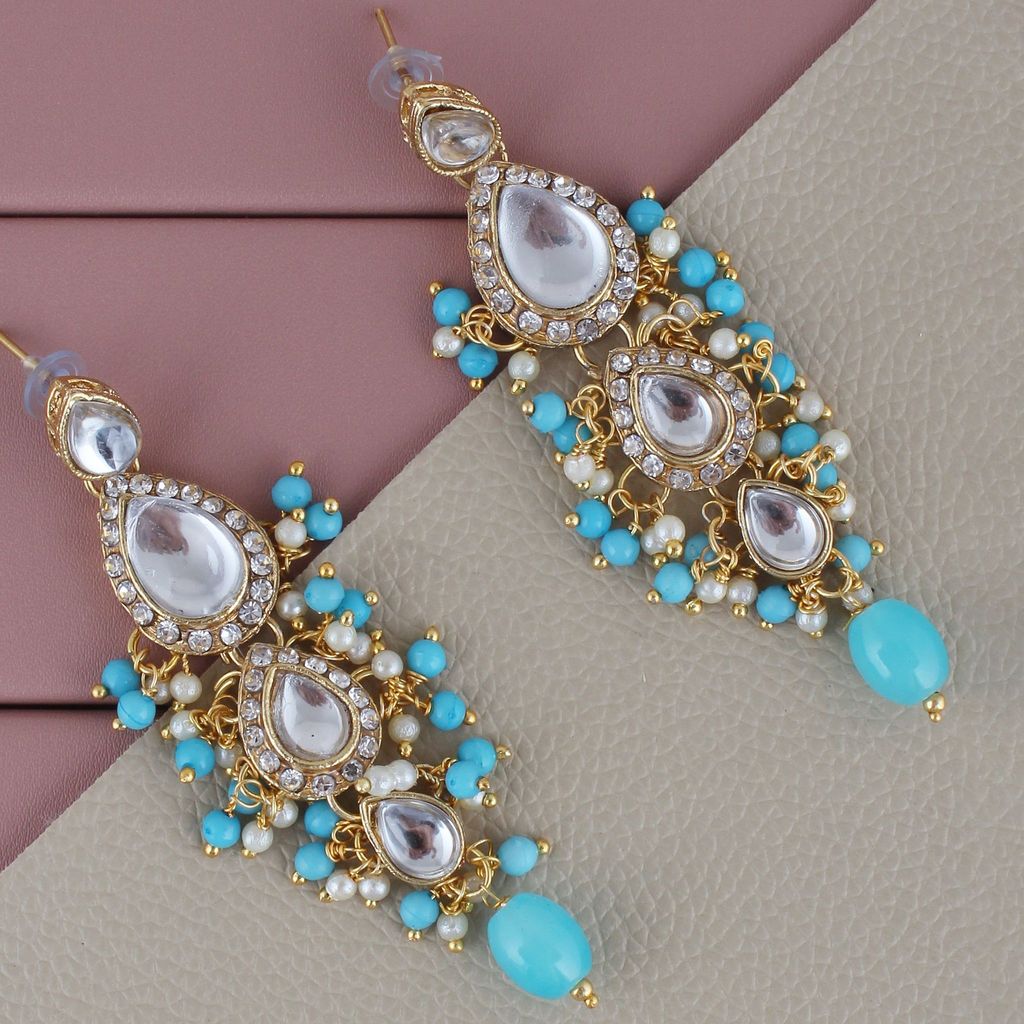 Lucky Jewellery Gold Plated White Firozi Color Tika Earring Necklace Combo Kundan Jewellery Set (726-MSK-3-LINE-F)