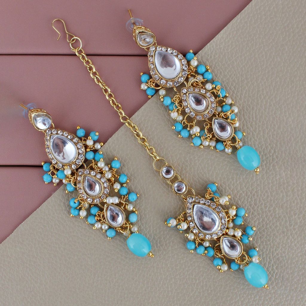 Lucky Jewellery Gold Plated White Firozi Color Tika Earring Necklace Combo Kundan Jewellery Set (726-MSK-3-LINE-F)