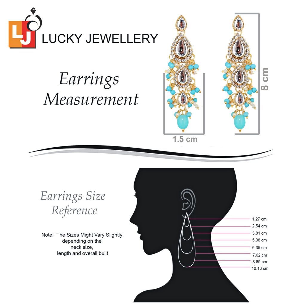 Lucky Jewellery Gold Plated White Firozi Color Tika Earring Necklace Combo Kundan Jewellery Set (726-MSK-3-LINE-F)