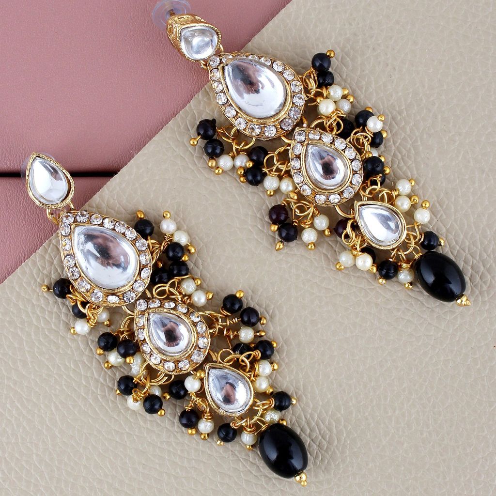 Lucky Jewellery Gold Plated White Black Color Tika Earring Necklace Combo Kundan Jewellery Set (726-MSK-3-LINE-BL)