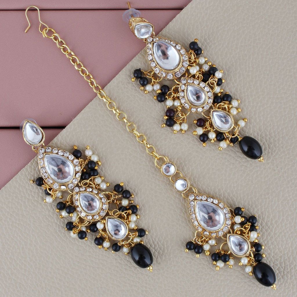 Lucky Jewellery Gold Plated White Black Color Tika Earring Necklace Combo Kundan Jewellery Set (726-MSK-3-LINE-BL)