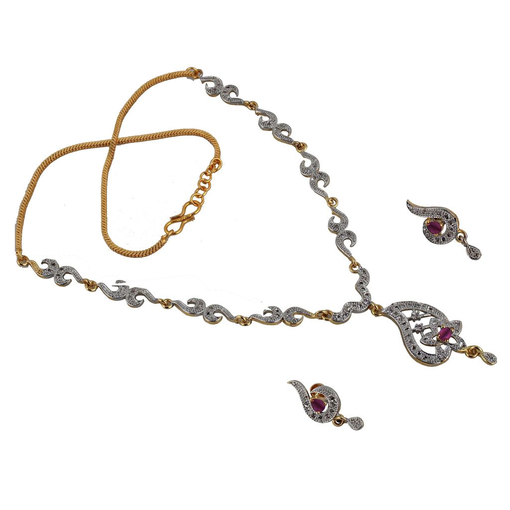 Lucky Jewellery 18K Gold Plated American Diamond (AD) Magenta color Pendant,Earring With Chain For Girls & Women.(333-P4SA-1504-R)