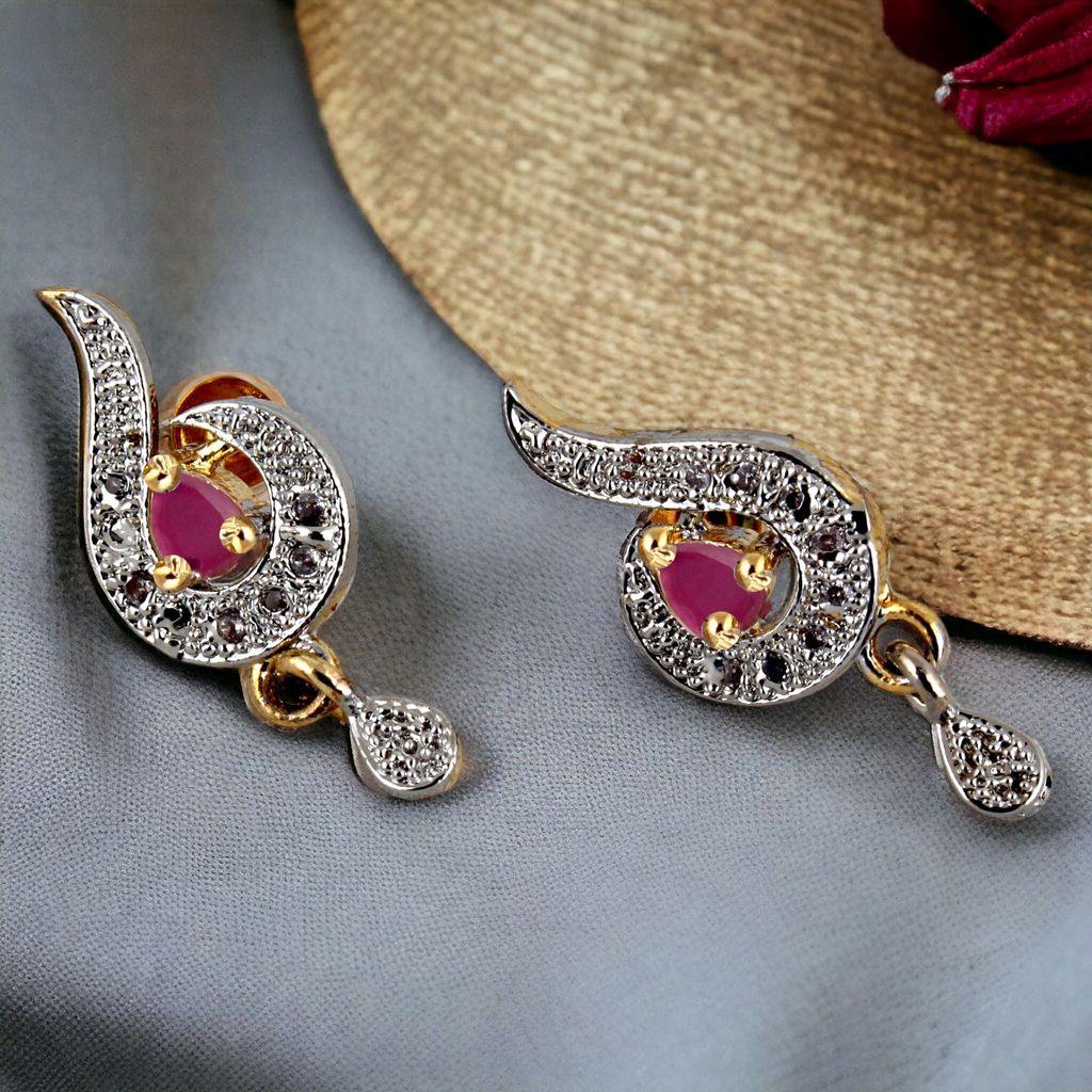 Lucky Jewellery 18K Gold Plated American Diamond (AD) Magenta color Pendant,Earring With Chain For Girls & Women.(333-P4SA-1504-R)