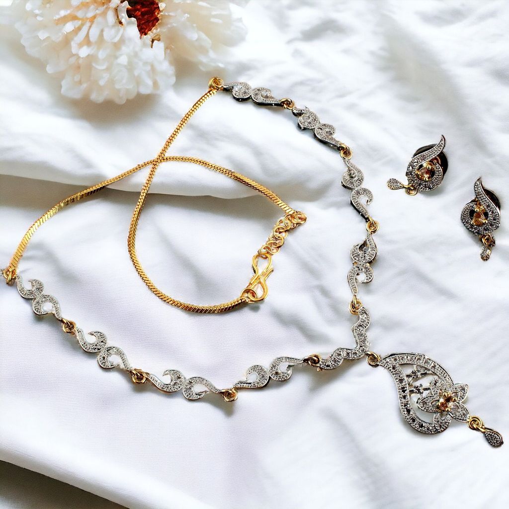 Lucky Jewellery 18K Gold Plated American Diamond (AD) Gold color Pendant,Earring With Chain For Girls & Women.(333-P4SA-1504-LCT)