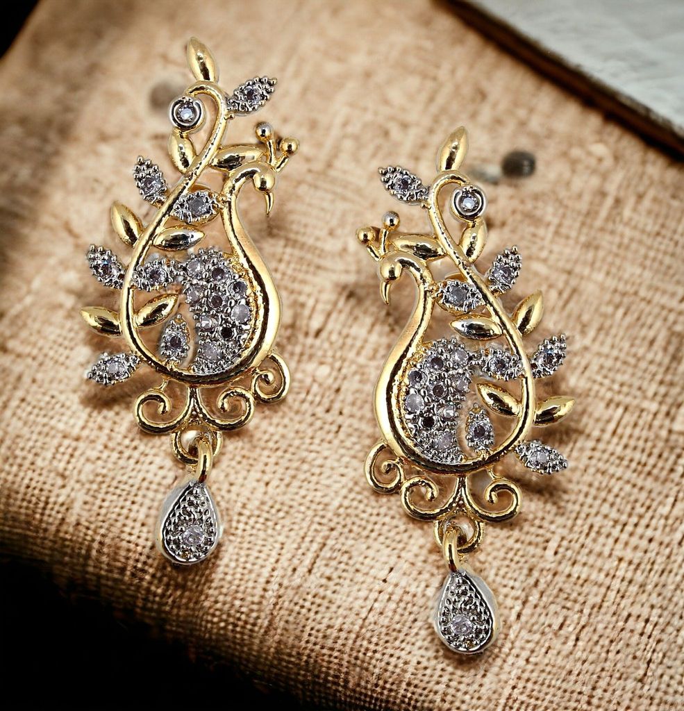 Lucky Jewellery 18K Gold Plated American Diamond (AD) White Color Peacock Shape Pendant with Earring and Chain.(226-P4L1A-1515)