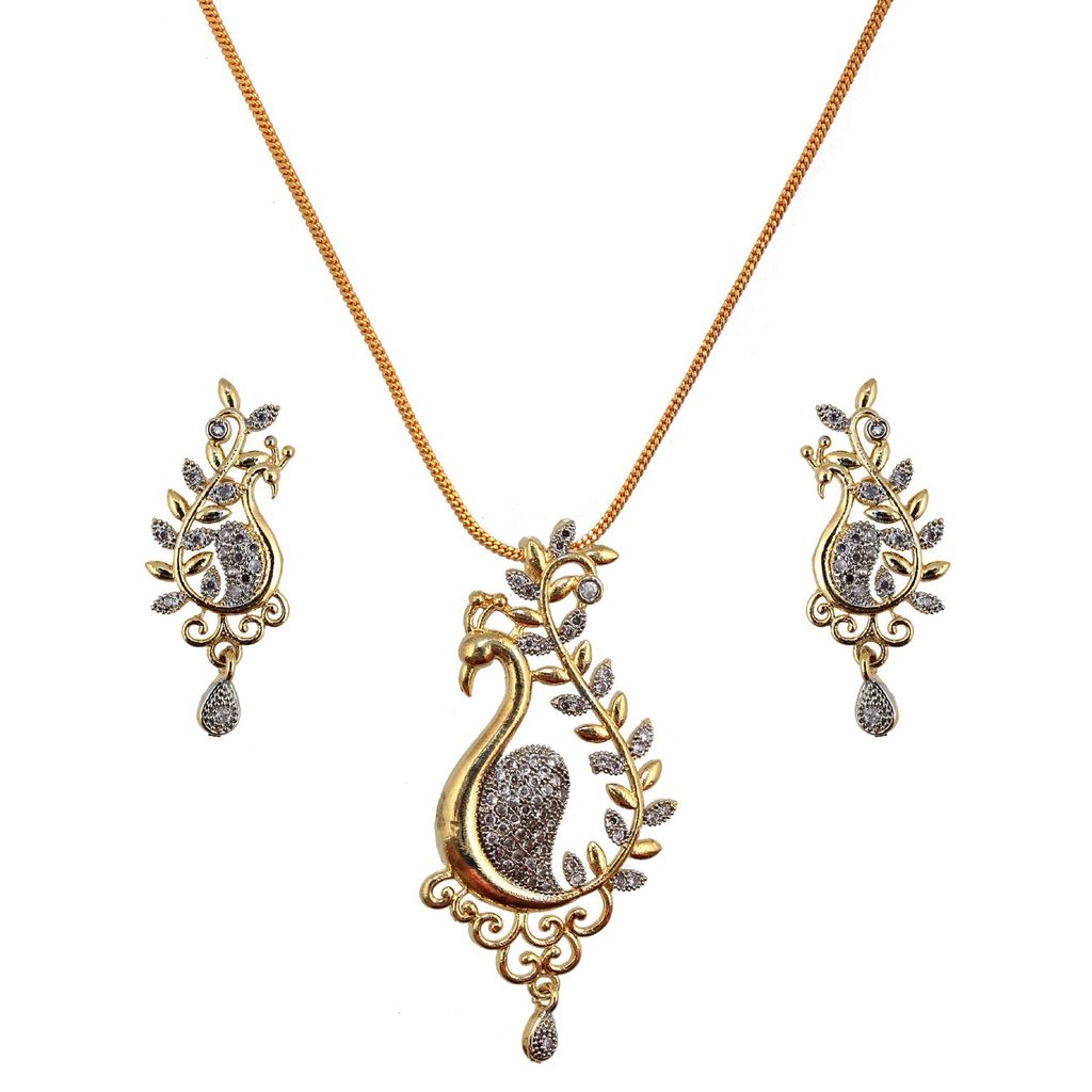 Lucky Jewellery 18K Gold Plated American Diamond (AD) White Color Peacock Shape Pendant with Earring and Chain.(226-P4L1A-1515)