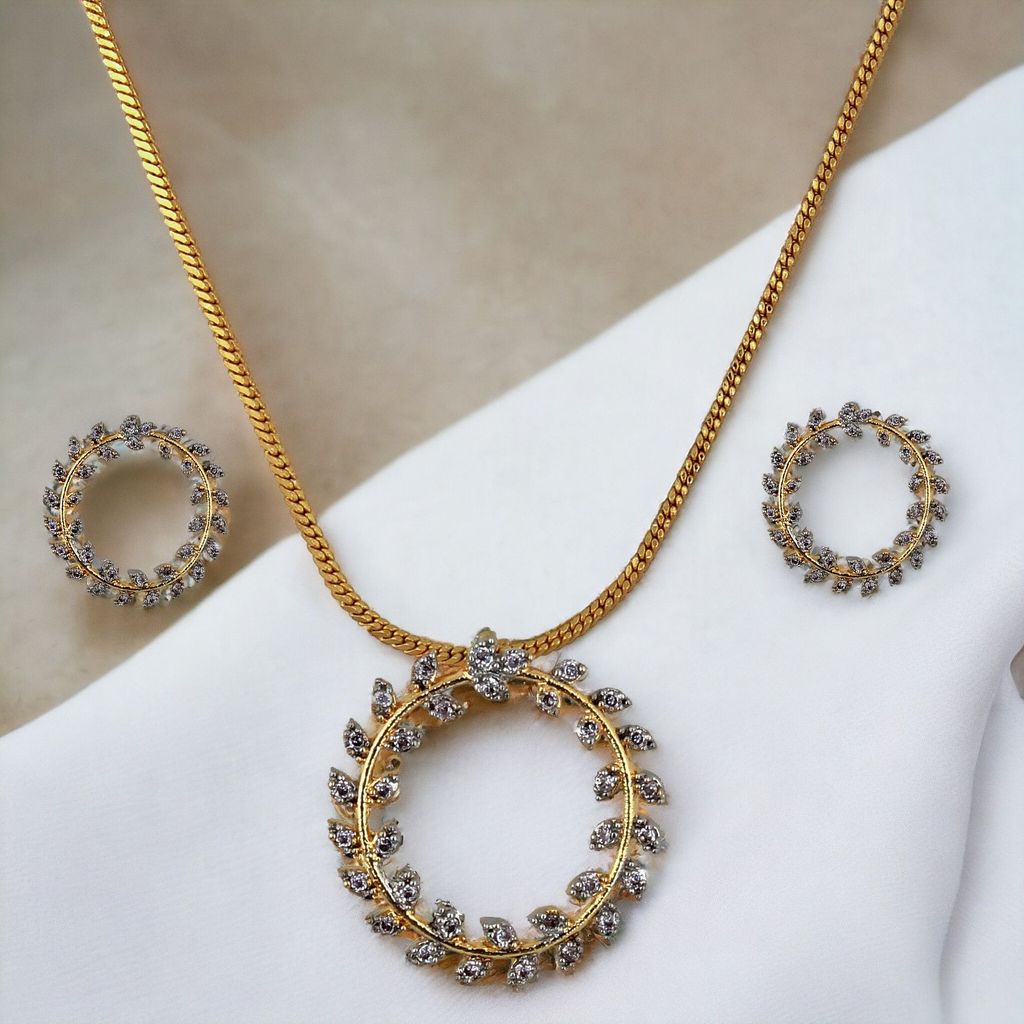 Lucky Jewellery 18K Gold Plated American Diamond (AD) White Color Circle Shape Pendant with Earring and Chain.(144-P4L1A-1517)